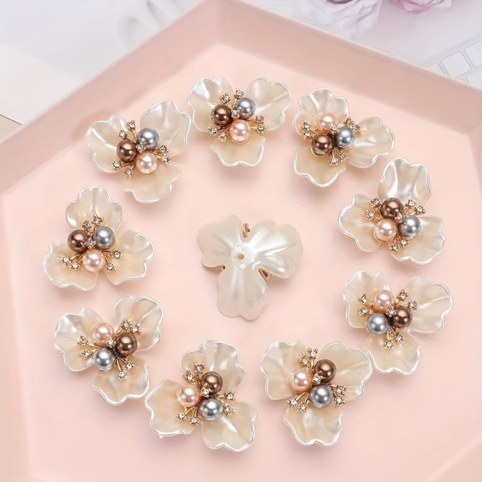 10pcs Lustrous Pearl & Dazzling Rhinestone Flower Charms - Authentic Shell Accents for Hats, Clothes DIY Decor - Add Unique Elegance to Your Handmade Creations