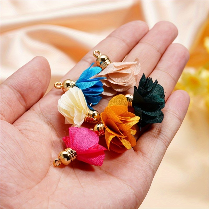 10pcs DIY Flower Earring Kit - Handmade Fabric Tassel with Hat Pendant, Polyester Fiber Jewelry Making Supplies