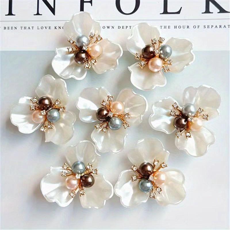 10pcs Lustrous Pearl & Dazzling Rhinestone Flower Charms - Authentic Shell Accents for Hats, Clothes DIY Decor - Add Unique Elegance to Your Handmade Creations