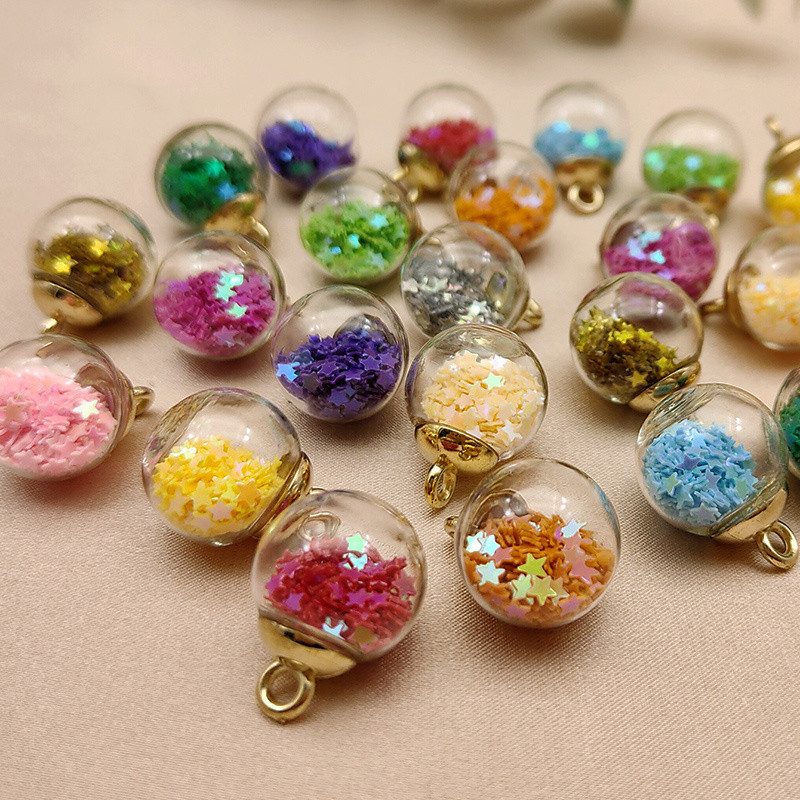 20pcs\u002Fpack Vibrant Colored Glass Ball Pendant - Mixed Star Sequins Jewelry Accessories for DIY Handmade Crafts - Transparent 2.1*1.6cm Glass Ball Wishing Ball for Necklace Making