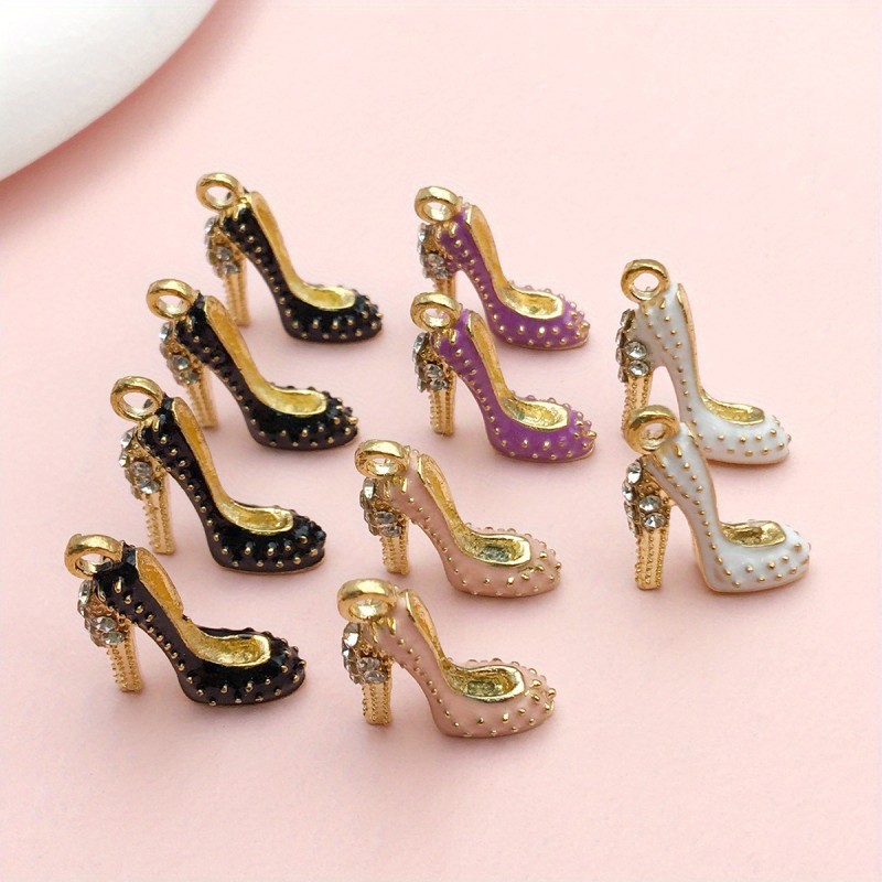 10pcs 18x14mm 4 Colors Alloy Enamel High Heels Charms Inlaid Rhinestones For Necklace Keychain DIY Crafting Jewelry Accessory Making Supplies