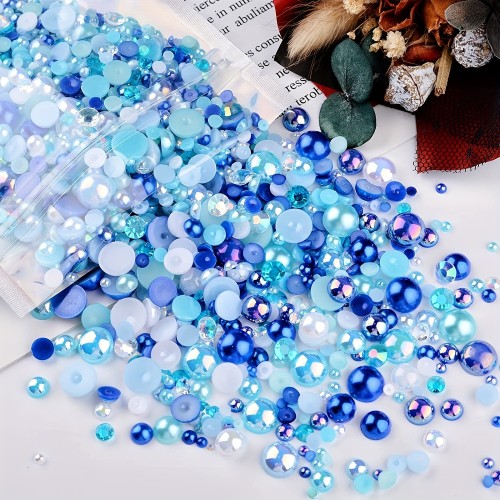 3800PCS 1.06oz Flat Back Pearls And Rhinestones For Crafts, 3mm-10mm Mixed Pearl Rhinestones For Nail Art Eye Makeup, Flat Back Rhinestones And Half Pearls Cabochons Blue Pink White