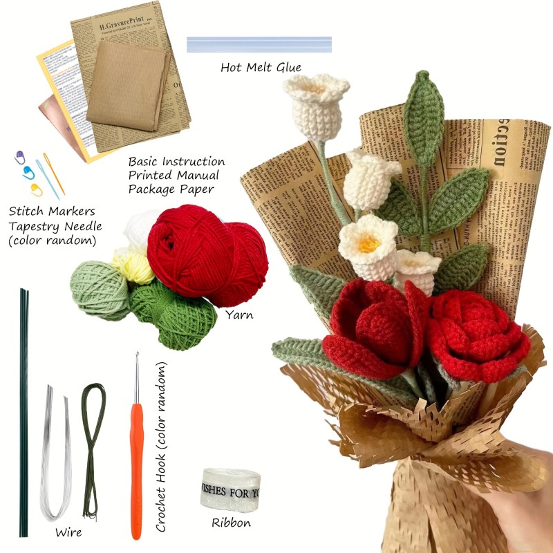 DIY Crochet Flower Bouquet Kit with Manual & Video Instructions - Handmade Crochet Rose, Lily of The Valley & Tulip Crafting Set, Fabric Material Gift for Beginners - Mixed Color All-Season Crafting Kit