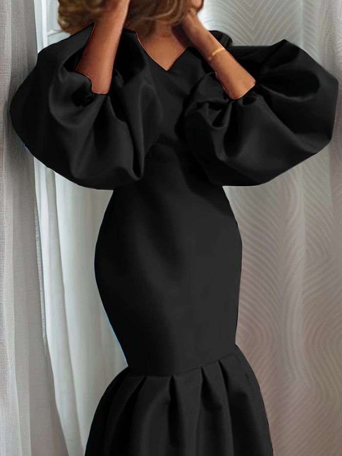 Long Sleeve Women's Fashion Solid Color V-neck Fishtail Bubble Dress