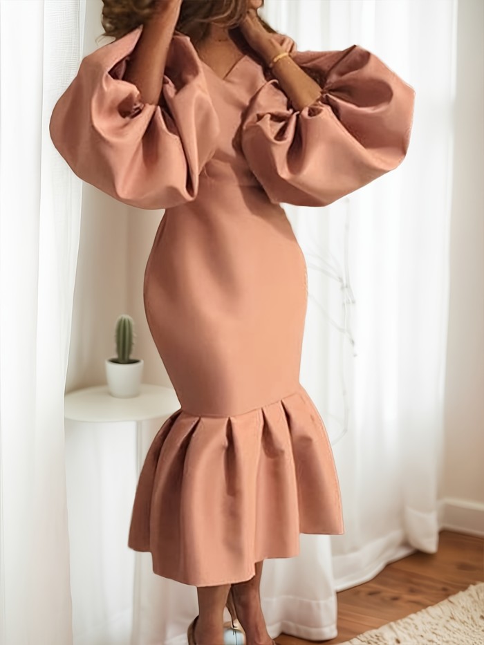 Long Sleeve Women's Fashion Solid Color V-neck Fishtail Bubble Dress