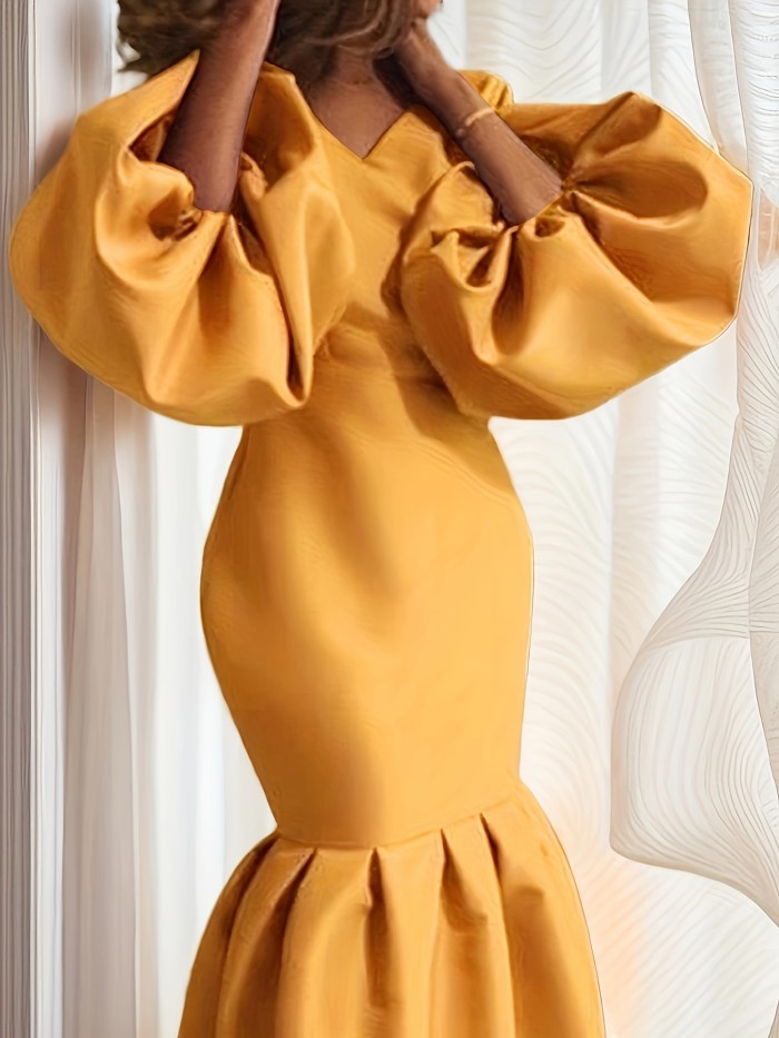 Long Sleeve Women's Fashion Solid Color V-neck Fishtail Bubble Dress