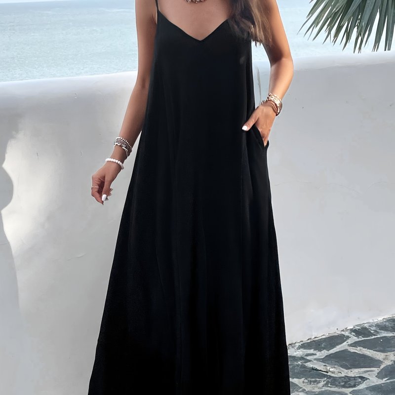 Elegant Viscose Maxi Dress for Women, 100% Viscose Solid Color Sleeveless Tunic, with Pockets, for Spring\u002FSummer\u002FFall