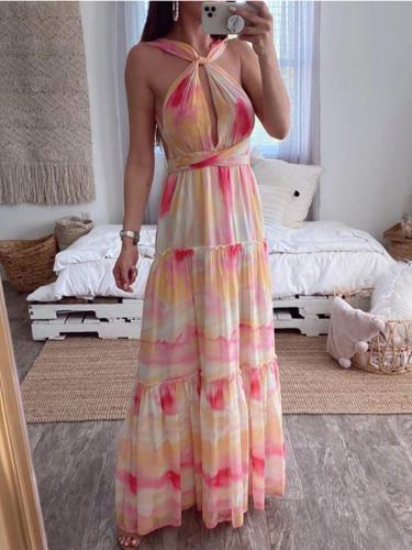 Halter Cutout Front Frill Hem Tie Dye Print Dress