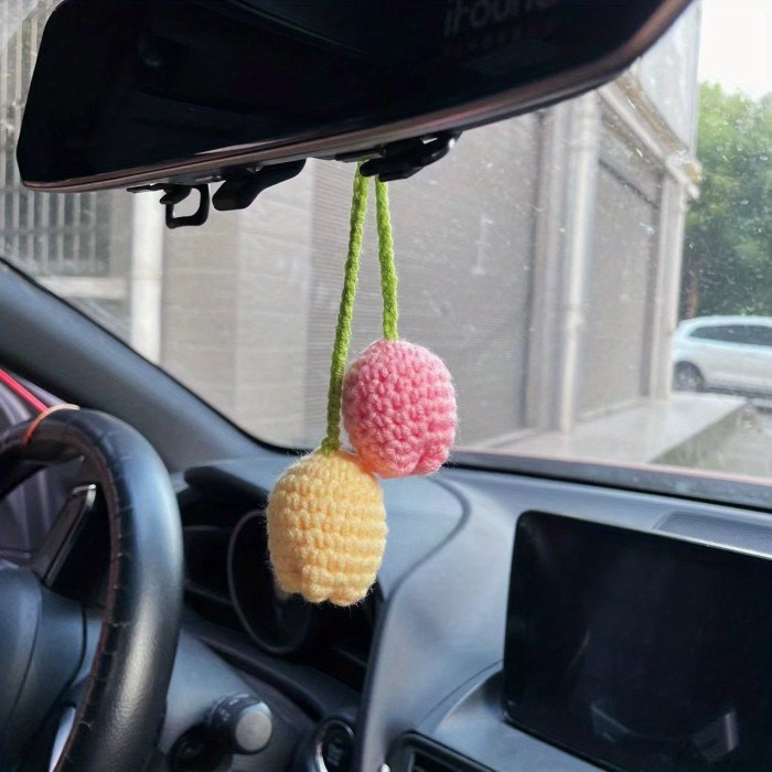Pure Hand-knitted Knitted Sunflower, Lemon, Mushroom, Small Daisy, Tulip, Rose Flowers Car Pendant Rearview Mirror Car Decoration