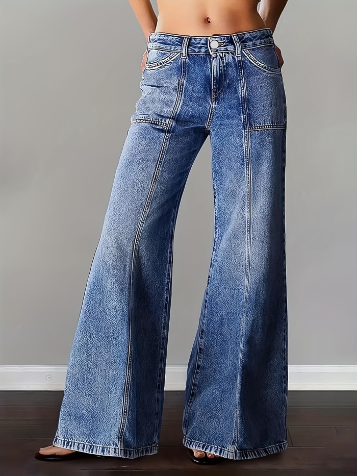 Elegant Mid-Rise Wide-Leg Jeans with Double Button Detail - Stretch Denim, Machine Washable - Perfect for All Seasons, Seam Details