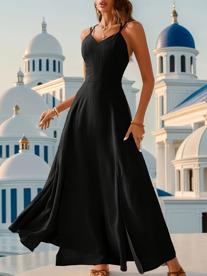 Elegant Solid Color High-Slit Maxi Dress for Women, V-Neck, Polyester, Machine Washable - Perfect for Spring\u002FSummer\u002FFall