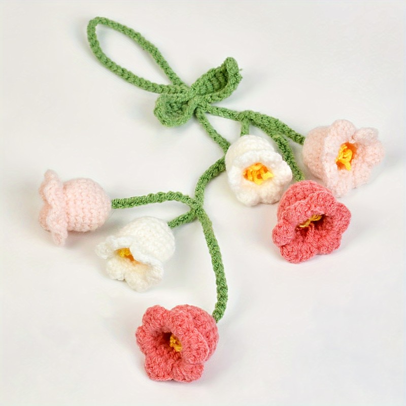 1pc Handmade Crochet Lily of the Valley Flowers Car Hanging Ornament - Fabric Floral Bag Charm for Home & Vehicle Interior Decoration