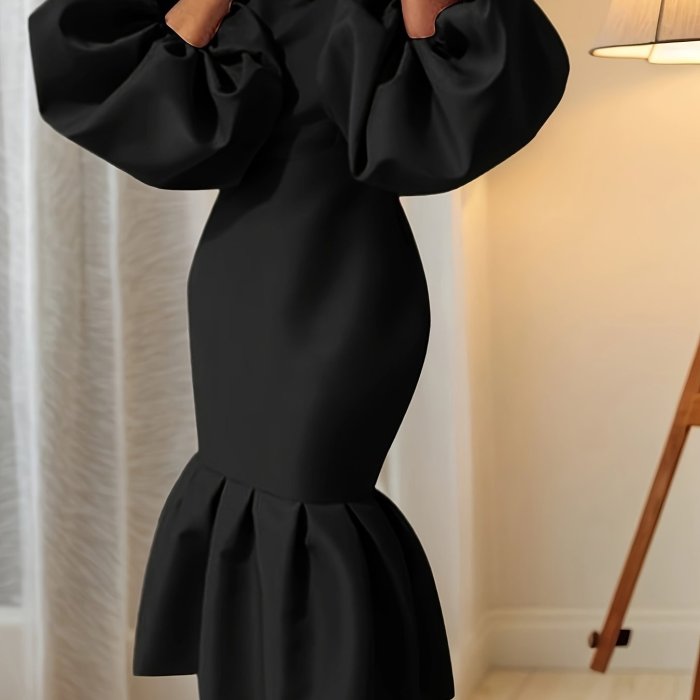 Long Sleeve Women's Fashion Solid Color V-neck Fishtail Bubble Dress