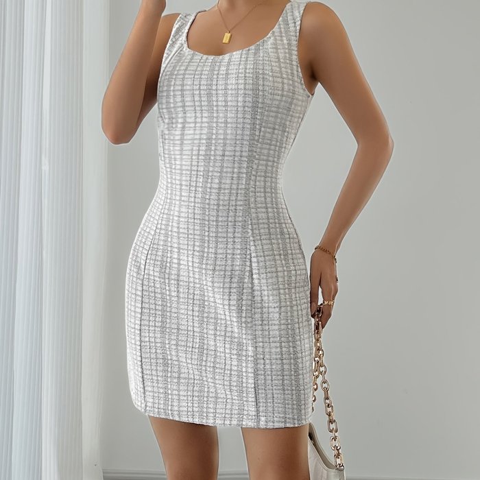 Women'S Tartan Knit Polyester Vest Dress, All-Season Crew Neck Zipper Detail, Slim Fit Sleeveless Midi Dress for Adult
