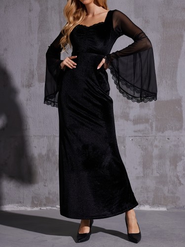 Elegant Gothic Velvet Mermaid Hem Dress with Contrast Mesh Flounce Sleeves, Low Neckline - Machine Washable