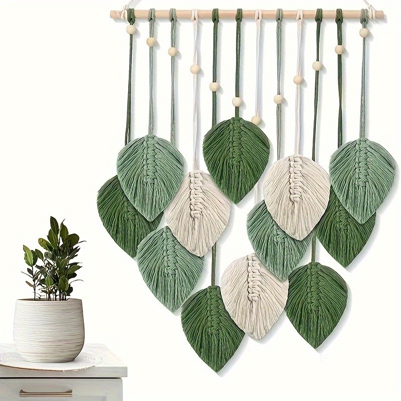 1pc Handmade Macrame Wall Hanging, Boho Leaf Tapestry with Woven Feather, Yarn Tassels for Nursery, Bedroom, Office, Living Room Decor