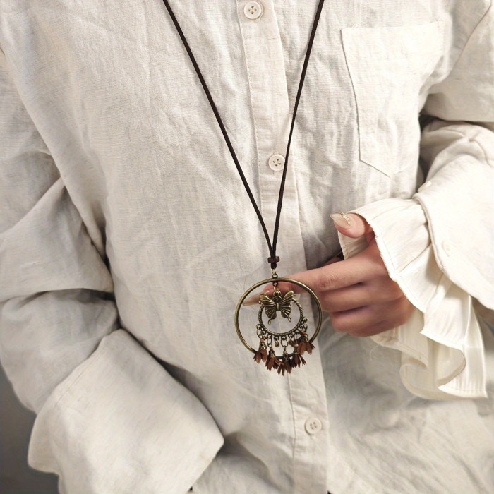 2pcs Ancient Style Woven Tassel Ring Pendant Necklace Bohemian Retro Ethnic Style Sweater Chain Women