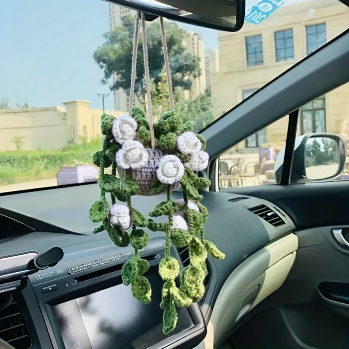 Charming Handmade Crochet Plant Car Mirror Charm - Rearview Accessory for Vehicle Decor