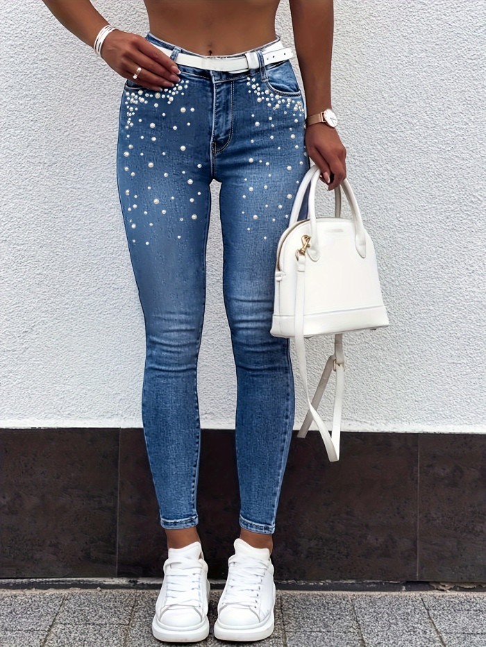 Trendy Pearl Embellished High Waisted Slim Fit Jeans - Fashionable Street Style, Light Blue, Artificial Pearl Craftsmanship, Comfortable Casual Pants for Women