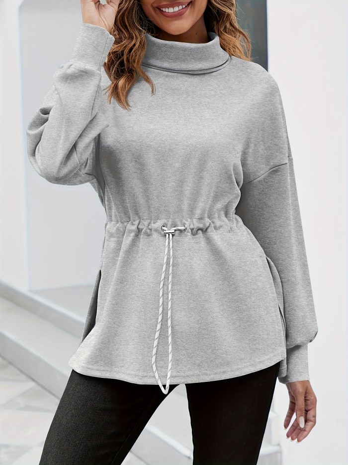 Women's Turtleneck Sweatshirts Long Sleeve Pullover Tops Side Slit Tunic Shirts With Drawstring Waist