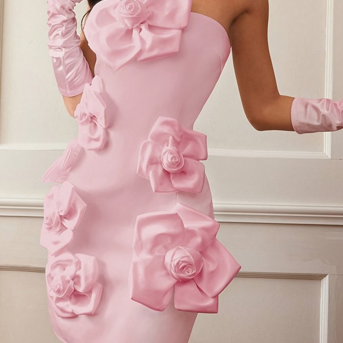 1pc Elegant French-Inspired Floral Off-Shoulder Dress for Women, Polyester and Spandex Knit Fabric, Solid Color Fitted Gown with Decorative Flowers, Perfect for Spring\u002FSummer\u002FFall - Adult, Romantic, Blouse