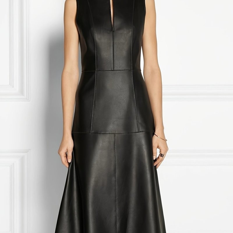 Elegant Women'S Faux Leather Sleeveless Dress, Crew Neck, Solid Color, Fit and Flare, Polyurethane 100%, for Spring\u002FSummer