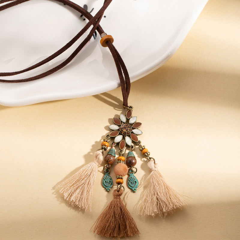 2pcs Ancient Style Woven Tassel Ring Pendant Necklace Bohemian Retro Ethnic Style Sweater Chain Women