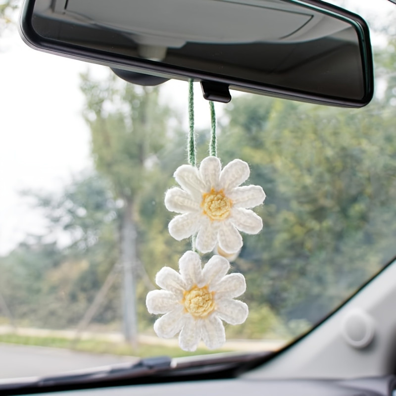 Crochet Daisy Car Accessories For Women Cute Rearview Mirror Hanging Charms Handmade Daisy Flower Gifts For Crochet Lovers Car Decor