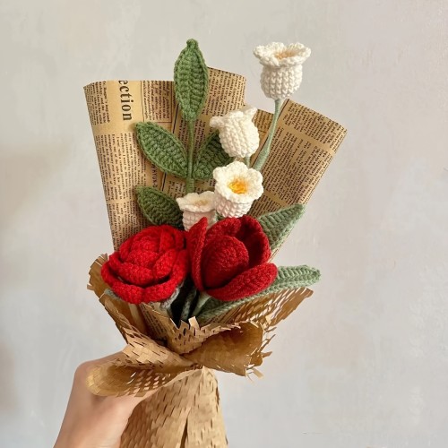 DIY Crochet Flower Bouquet Kit with Manual & Video Instructions - Handmade Crochet Rose, Lily of The Valley & Tulip Crafting Set, Fabric Material Gift for Beginners - Mixed Color All-Season Crafting Kit