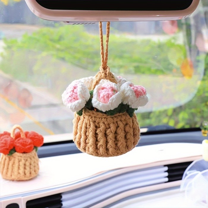 Charming Hand-Woven Floral Car Mirror Charm - Fabric Rearview Mirror Accessory for Women