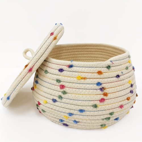 Colorful Polka Dot Woven Storage Basket with Lid, 10x6\