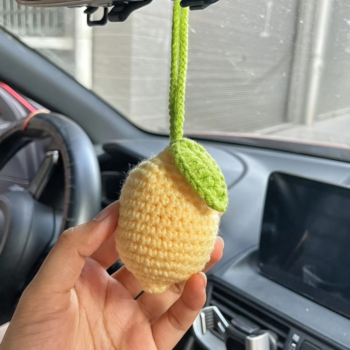 Pure Hand-knitted Knitted Sunflower, Lemon, Mushroom, Small Daisy, Tulip, Rose Flowers Car Pendant Rearview Mirror Car Decoration