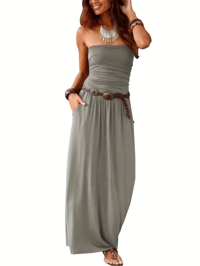 Chic Spring & Summer Strapless Tube Dress - Slim Fit with Convenient Pockets & Flirty Ruffle Hem, Ideal for Versatile Women's Fashion Ensembles