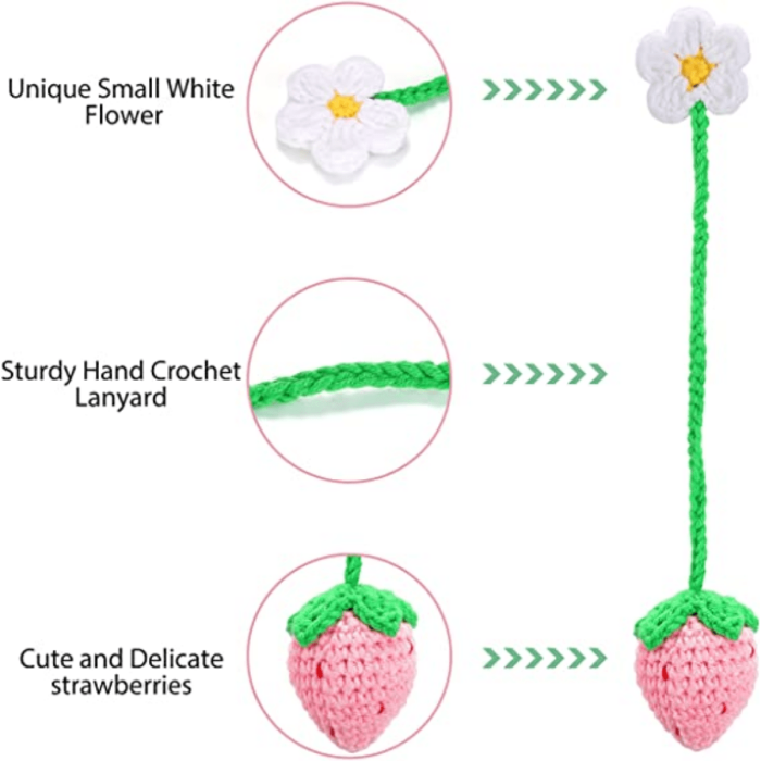 Cute Strawberry Crochet Car Mirror Hanging Accessories Decor Car Rearview Charms Decorations, Handmade Knitted Rear View Mirror Pendant Ornament