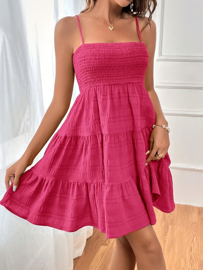 One-Word Collar Thin Strap Solid Color Versatile Textured Women's A-Line Vacation Dress, Women's Skirt