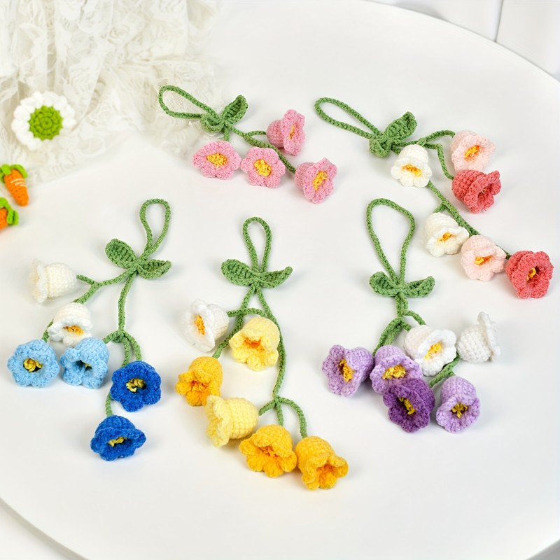 1pc Handmade Crochet Lily of the Valley Flowers Car Hanging Ornament - Fabric Floral Bag Charm for Home & Vehicle Interior Decoration