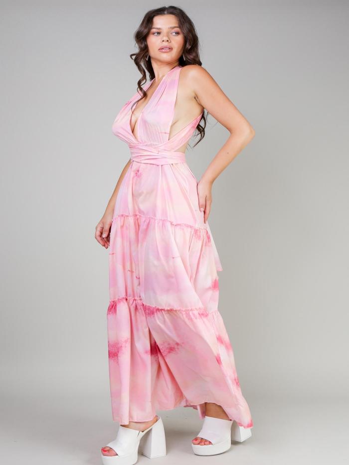 Halter Cutout Front Frill Hem Tie Dye Print Dress
