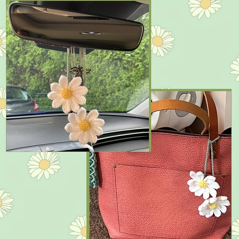 Crochet Daisy Car Accessories For Women Cute Rearview Mirror Hanging Charms Handmade Daisy Flower Gifts For Crochet Lovers Car Decor