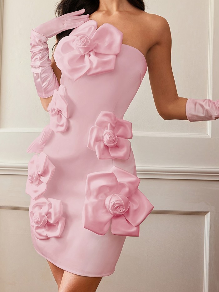 1pc Elegant French-Inspired Floral Off-Shoulder Dress for Women, Polyester and Spandex Knit Fabric, Solid Color Fitted Gown with Decorative Flowers, Perfect for Spring\u002FSummer\u002FFall - Adult, Romantic, Blouse