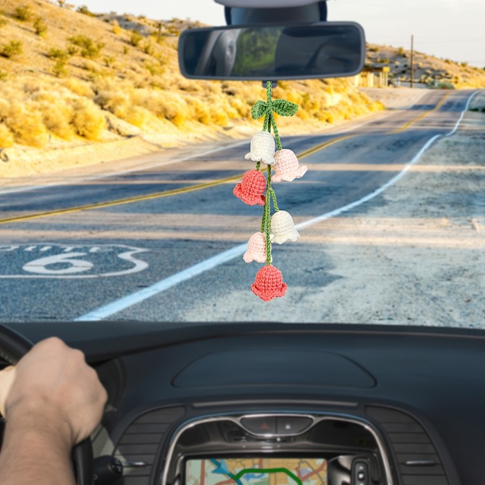 1pc Handmade Crochet Lily of the Valley Flowers Car Hanging Ornament - Fabric Floral Bag Charm for Home & Vehicle Interior Decoration
