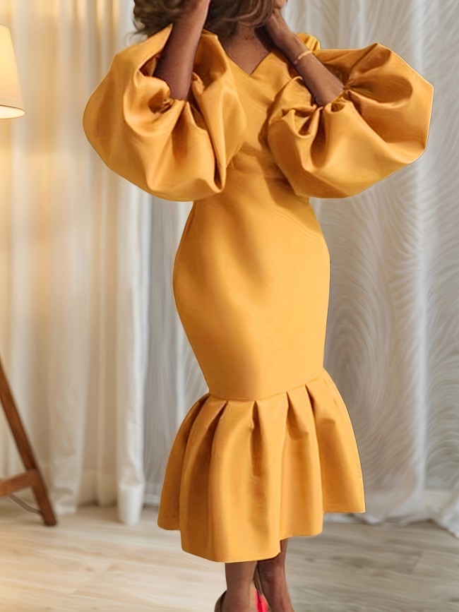 Long Sleeve Women's Fashion Solid Color V-neck Fishtail Bubble Dress