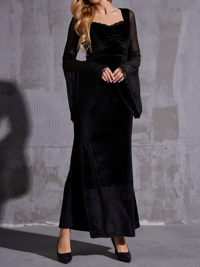 Elegant Gothic Velvet Mermaid Hem Dress with Contrast Mesh Flounce Sleeves, Low Neckline - Machine Washable
