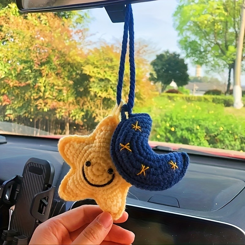 Handmade Crochet Sun and Moon Star Car Hanging Ornament, Fabric Amigurumi Auto Interior Decoration, with Happy Face Design for Women'S Car Accessory Gift