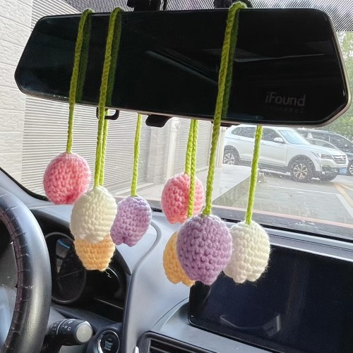 Pure Hand-knitted Knitted Sunflower, Lemon, Mushroom, Small Daisy, Tulip, Rose Flowers Car Pendant Rearview Mirror Car Decoration