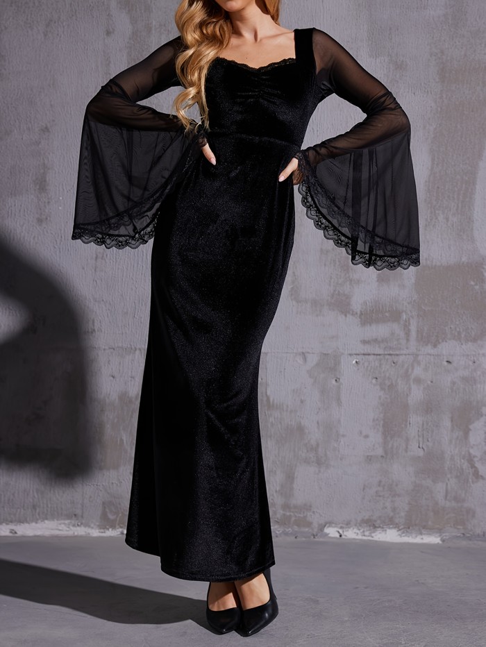 Elegant Gothic Velvet Mermaid Hem Dress with Contrast Mesh Flounce Sleeves, Low Neckline - Machine Washable