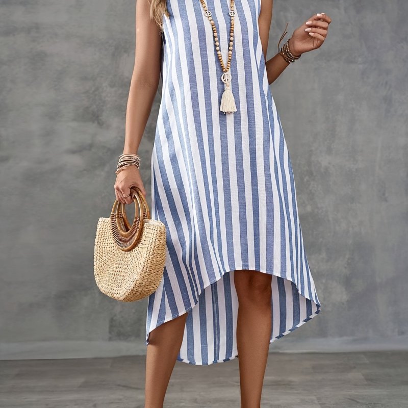 Elegant Striped Sleeveless Dress for Women, Polyester 100%, Crew Neck, Woven Fabric, All-Season Fitted with Asymmetrical Hem