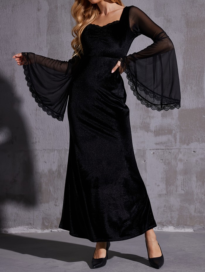 Elegant Gothic Velvet Mermaid Hem Dress with Contrast Mesh Flounce Sleeves, Low Neckline - Machine Washable