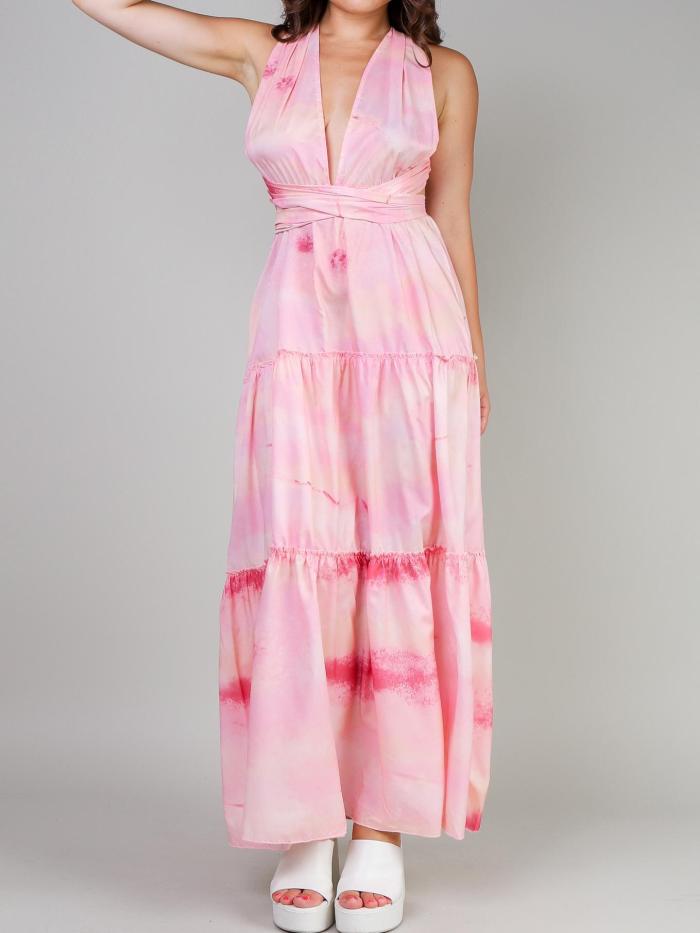 Halter Cutout Front Frill Hem Tie Dye Print Dress