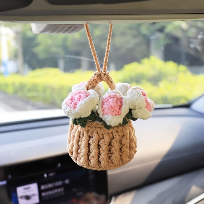 Charming Hand-Woven Floral Car Mirror Charm - Fabric Rearview Mirror Accessory for Women