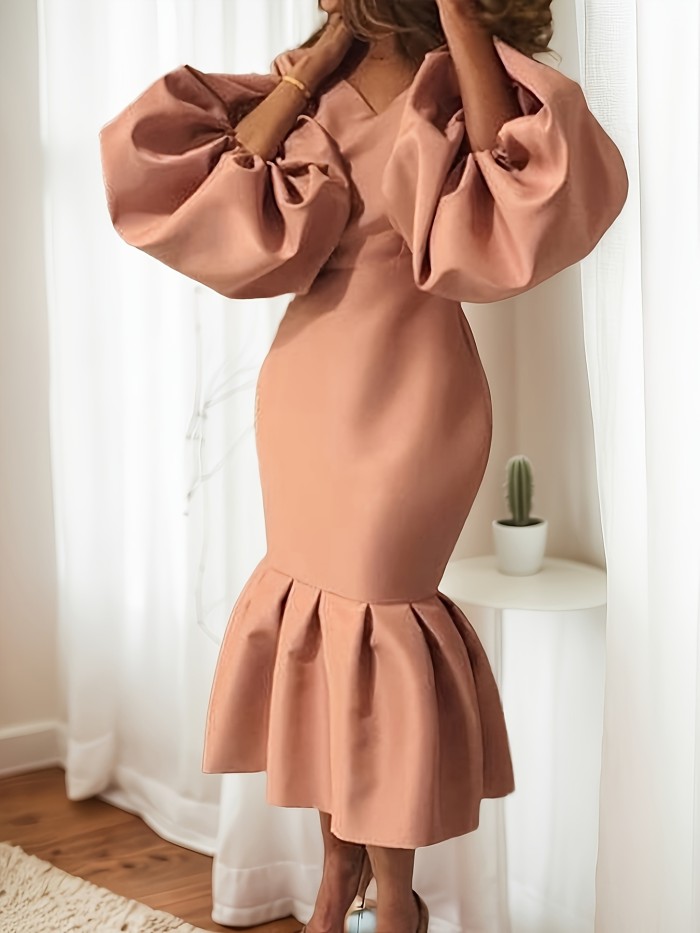 Long Sleeve Women's Fashion Solid Color V-neck Fishtail Bubble Dress